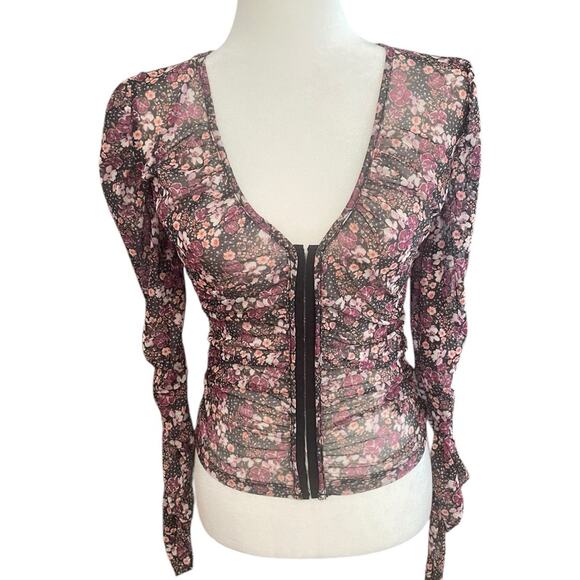 Anthropologie Sheer Mesh Purple Floral Dainty Ditzy Print Ruched Blouse- Xs - Picture 2 of 11